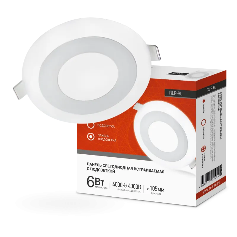 картинка Панель светодиодная встраиваемая круглая RLP-BL 6Вт 230В 4000К 350Лм 105мм с подсветкой белая IP20 IN HOME