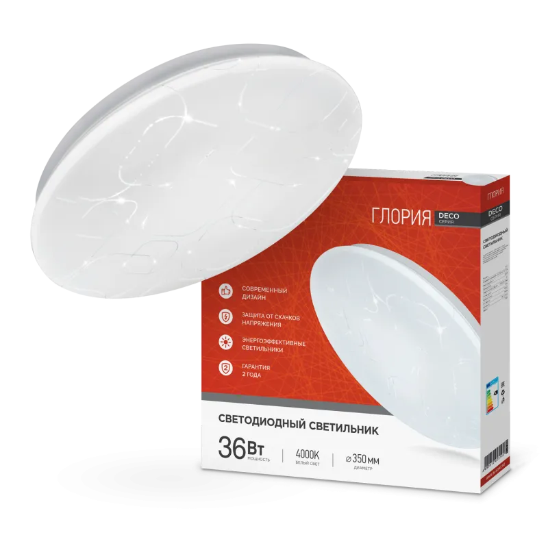 картинка Светильник светодиодный серии DECO ГЛОРИЯ 36Вт 230В 4000К 3240Лм 380х55мм IN HOME