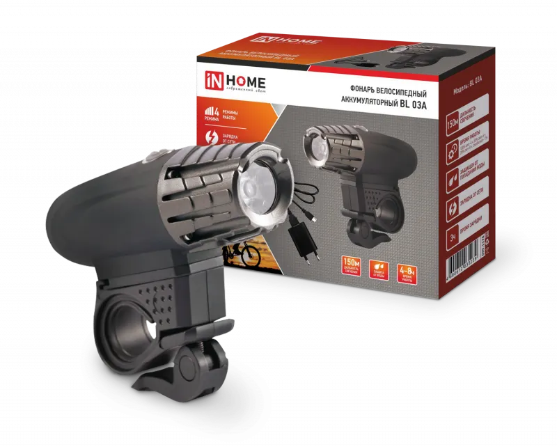 картинка Фонарь велосипедный аккумуляторный BL 03А 3W LED 300Lm 4 режима с з/у 220В ЧЕРНЫЙ IN HOME