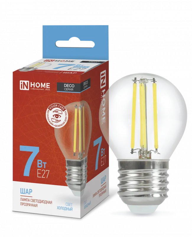 картинка Лампа светодиодная LED-ШАР-deco 7Вт 230В Е27 6500К 810Лм прозрачная IN HOME