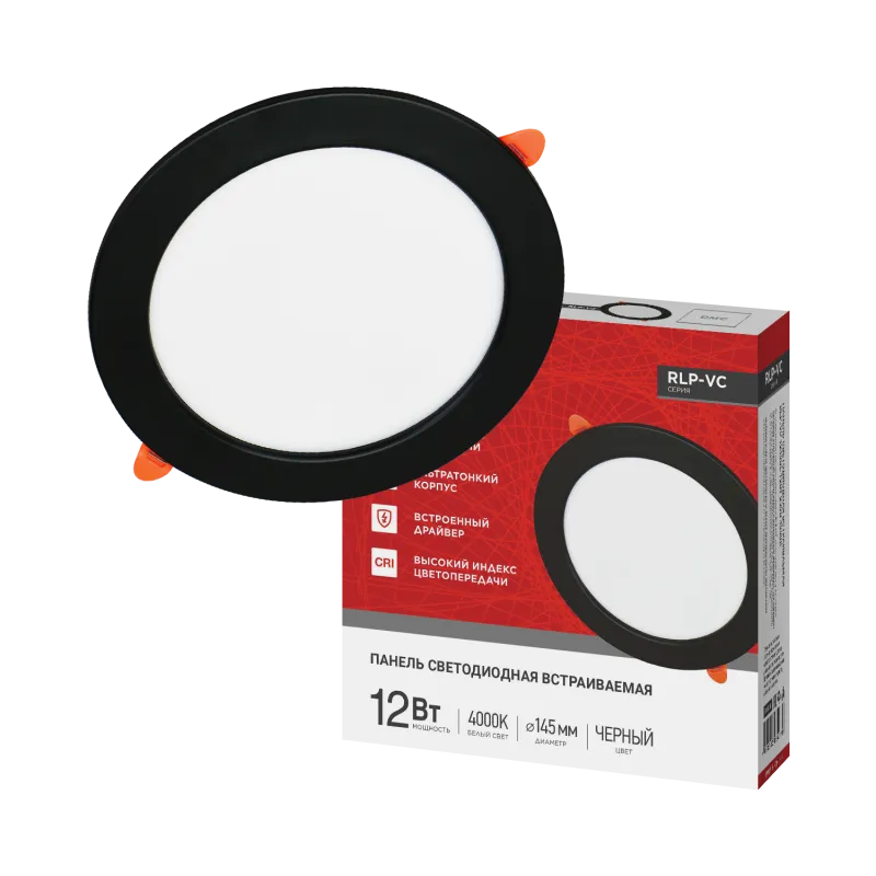 картинка Панель светодиодная встраиваемая круглая RLP-VC 1240BL 12Вт 230В 4000К 960Лм 145мм черная IP40 IN HOME