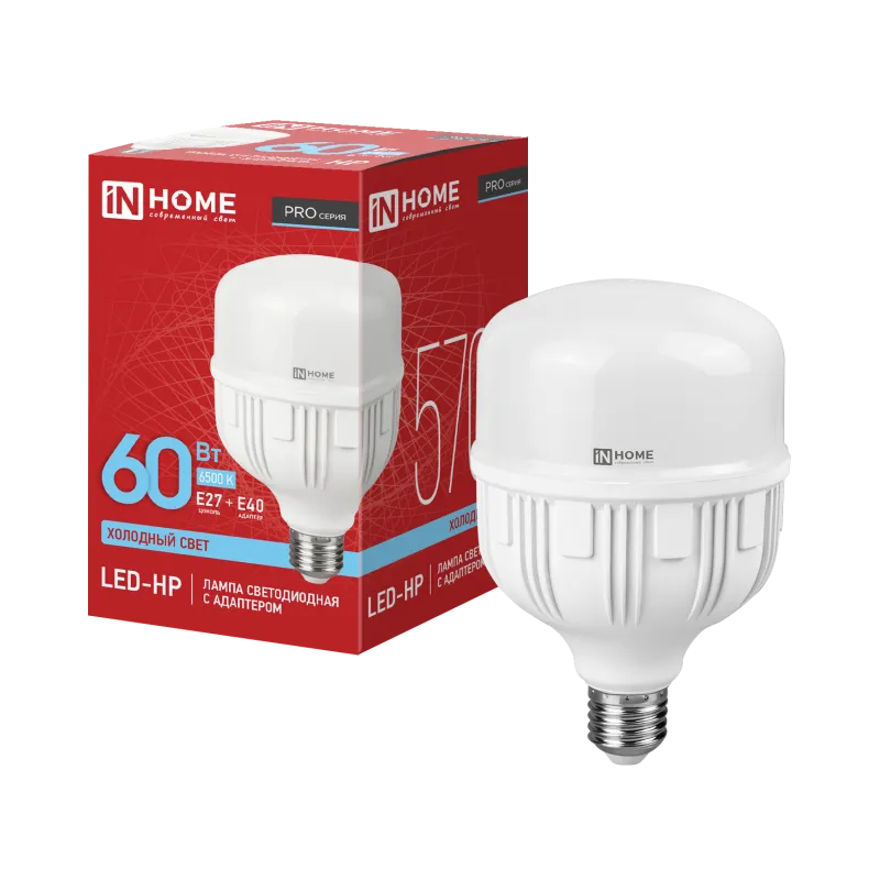 картинка Лампа светодиодная LED-HP-PRO 60Вт 230В E27 с адаптером Е40 6500К 5700Лм IN HOME