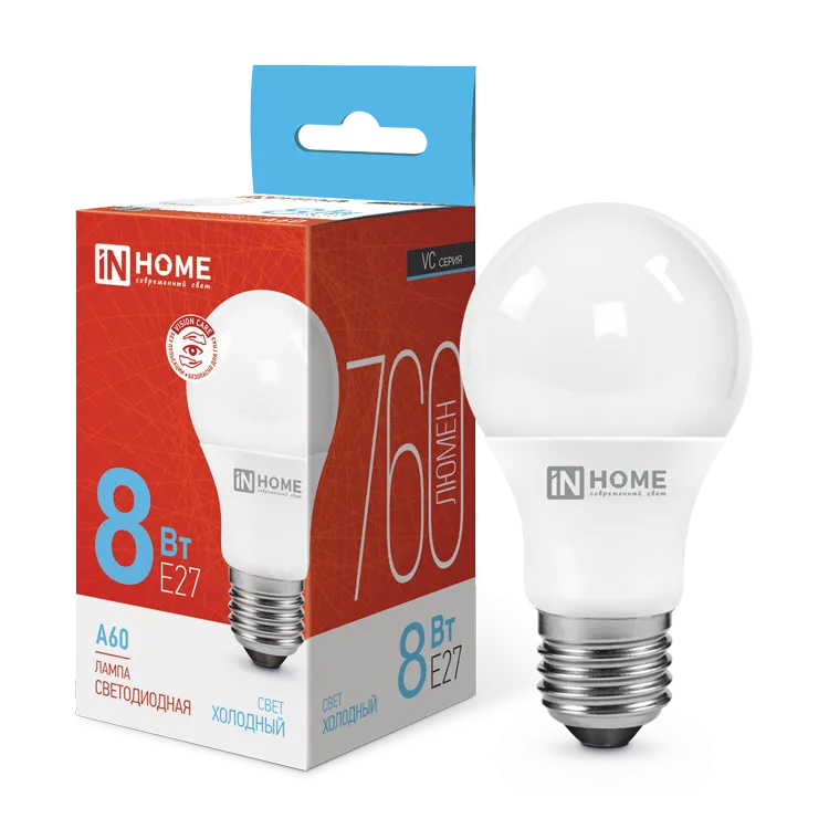 картинка Лампа светодиодная LED-A60-VC 8Вт 230В Е27 6500К 760Лм IN HOME