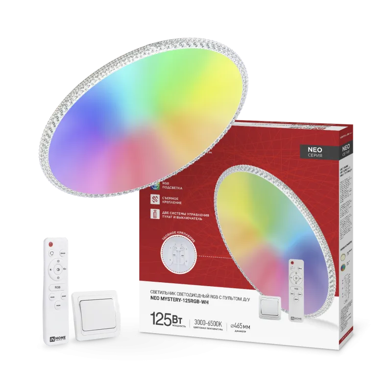 картинка Светильник светодиодный NEO MYSTERY-125RGB-WH 125Вт 230В 3000-6500K 10000Лм 465x60мм ДУ белый IN HOME