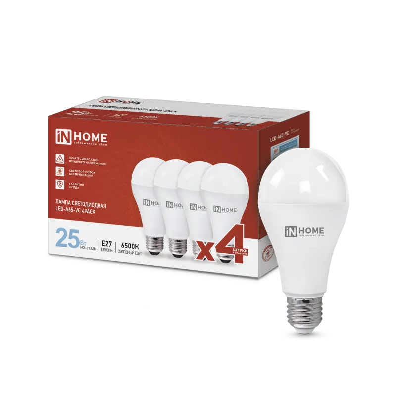 картинка Лампа светодиодная LED-A65-VC 4PACK 25Вт 230В Е27 6500К 2380Лм (4шт./упак) IN HOME