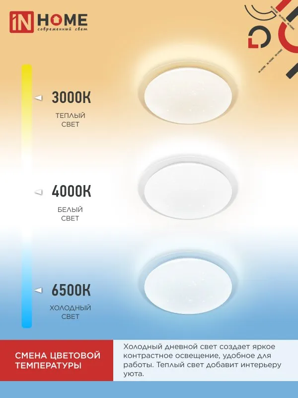 картинка Светильник светодиодный COMFORT GALAXY 55Вт 230В 3000-6500K 4400Лм 455x65мм с пультом ДУ IN HOME