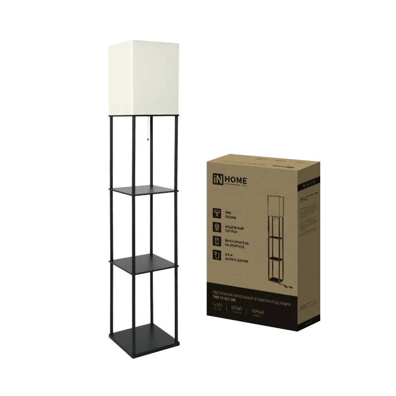 картинка Светильник напольный под лампу этажерка ТНО 10-Е27-WB белый абажур, черный корпус IN HOME