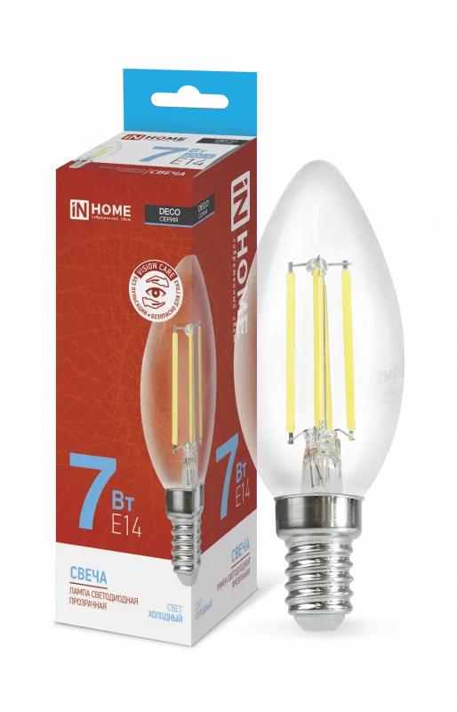 картинка Лампа светодиодная LED-СВЕЧА-deco 7Вт 230В Е14 6500К 810Лм прозрачная IN HOME