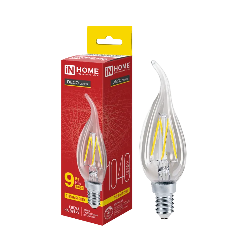 картинка Лампа светодиодная LED-СВЕЧА НА ВЕТРУ-deco 9Вт 230В Е14 3000К 1040Лм прозрачная IN HOME