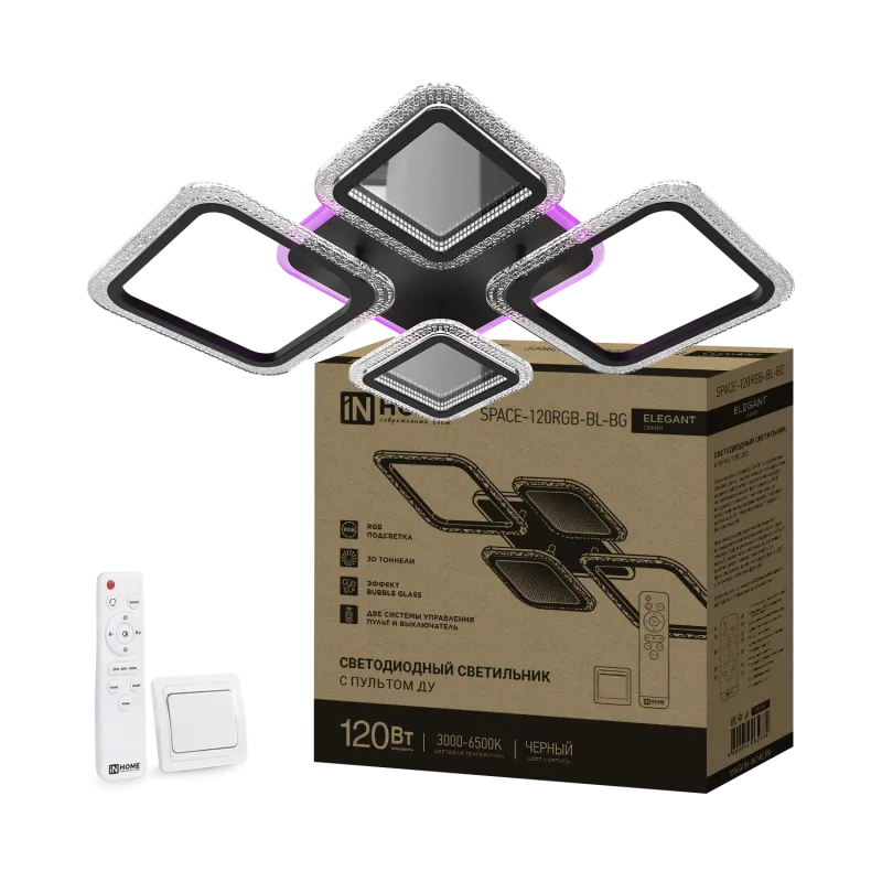 картинка Светильник светодиодный ELEGANT SPACE-120RGB-BL-BG 120Вт 230В 3000-6500K 8400Лм 530х530х125мм пульт ДУ черный IN HOME