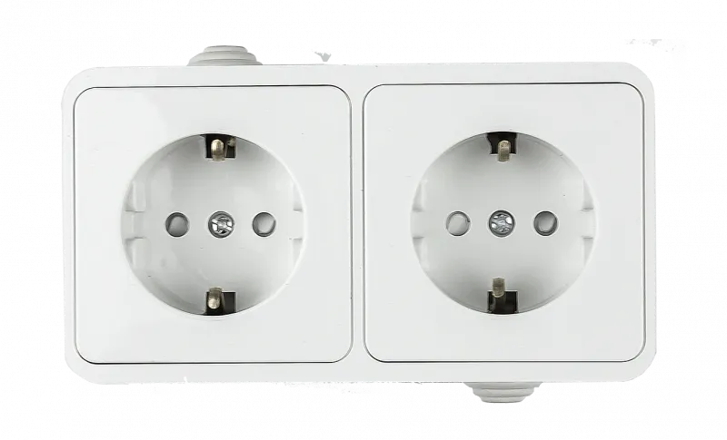 картинка Розетка двойная с заземлением со шторкой AQUA белая полугерметичная 3123 IN HOME