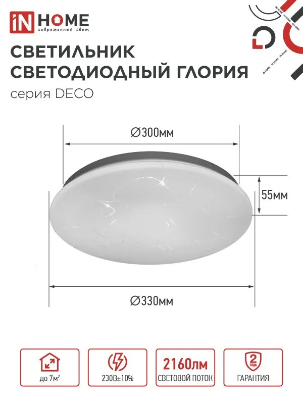 картинка Светильник светодиодный серии DECO ГЛОРИЯ 24Вт 230В 4000К 2160Лм 330х55мм IN HOME