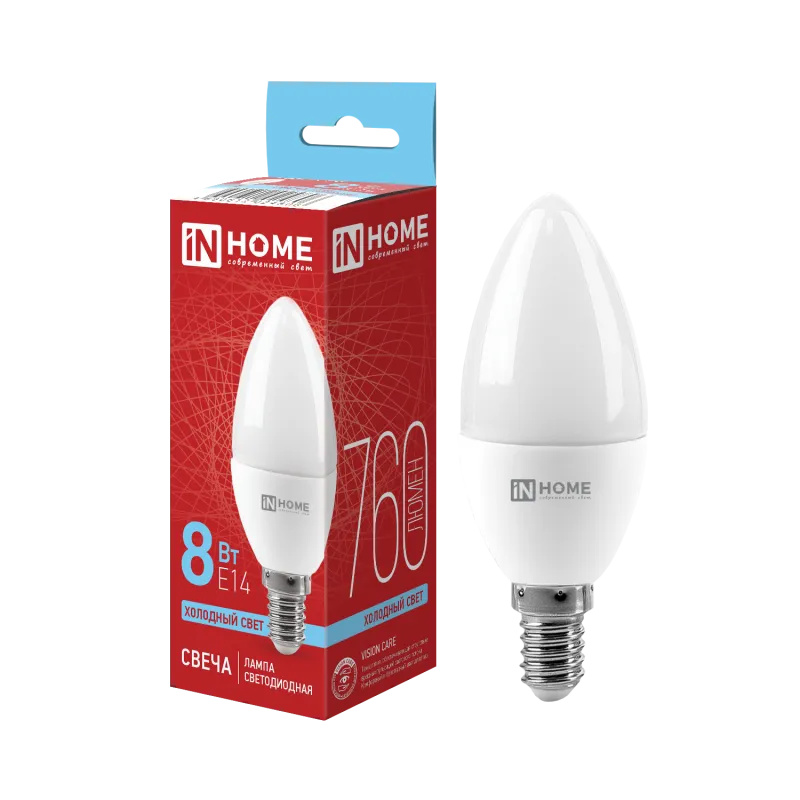 картинка Лампа светодиодная LED-СВЕЧА-VC 8Вт 230В Е14 6500К 760Лм IN HOME
