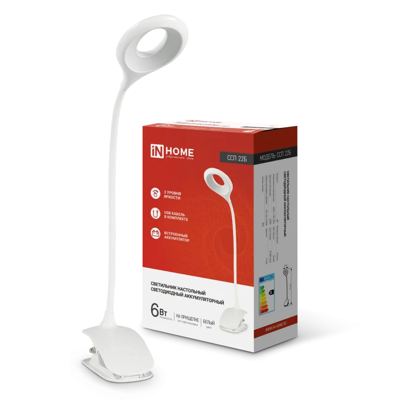 картинка Светильник настольный светодиодный CRAFT ССП-22Б аккумулятор 6Вт 480Лм, сенсор-диммер, USB-кабель, на прищепке БЕЛЫЙ IN HOME