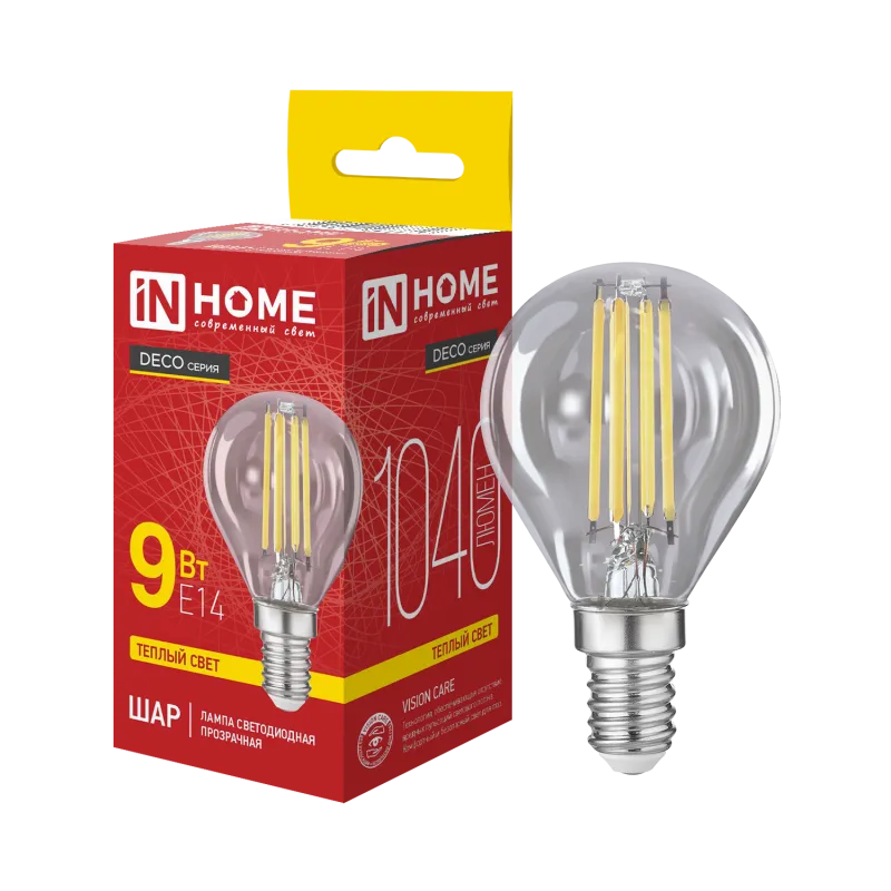 картинка Лампа светодиодная LED-ШАР-deco 9Вт 230В Е14 3000К 1040Лм прозрачная IN HOME