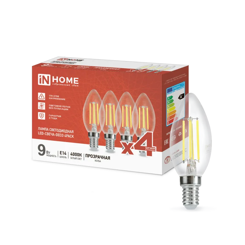 картинка Лампа светодиодная LED-СВЕЧА-deco 4PACK 9Вт 230В Е14 4000К 1040Лм (4шт./упак) прозрачная IN HOME