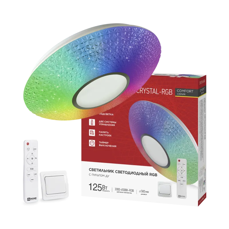 картинка Светильник светодиодный COMFORT CRYSTAL-RGB 125Вт 230В 3000-6500K 10000Лм 500x115мм с пультом ДУ IN HOME