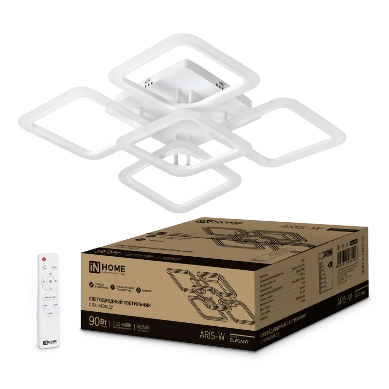 картинка Светильник светодиодный ELEGANT ARIS-W 90Вт 230В 3000-6500K 590х590х130мм c пультом ДУ белый IN HOME