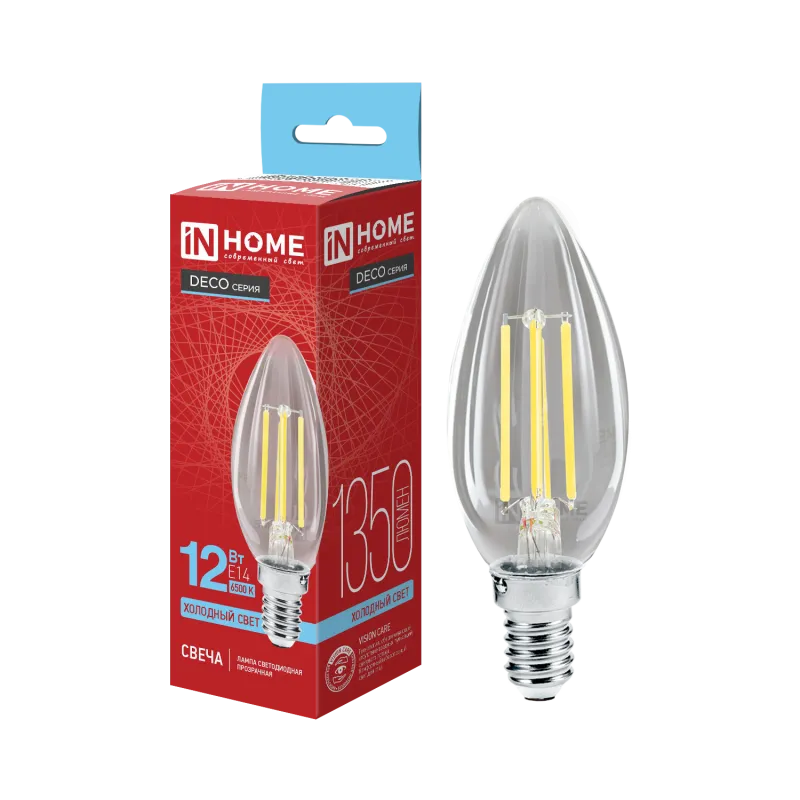 картинка Лампа светодиодная LED-СВЕЧА-deco 12Вт 230В Е14 6500К 1350Лм прозрачная IN HOME