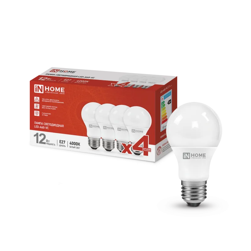 картинка Лампа светодиодная LED-A60-VC 4PACK 12Вт 230В Е27 4000К 1140Лм (4шт./упак) IN HOME