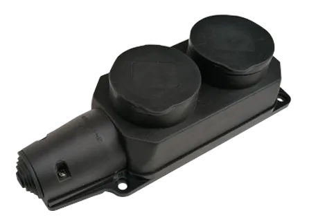 картинка Розетка двойная с заземлением каучук с заглушками 16А IP44 черная 9322 IN HOME