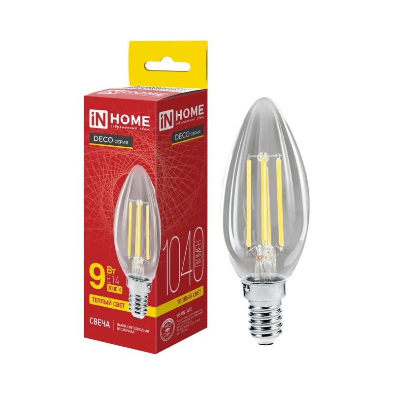 картинка Лампа светодиодная LED-СВЕЧА-deco 9Вт 230В Е14 3000К 1040Лм прозрачная IN HOME