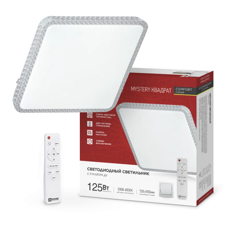 картинка Светильник светодиодный COMFORT MYSTERY КВАДРАТ 125Вт 230В 3000-6500K 10000Лм 550x80мм с пультом ДУ IN HOME