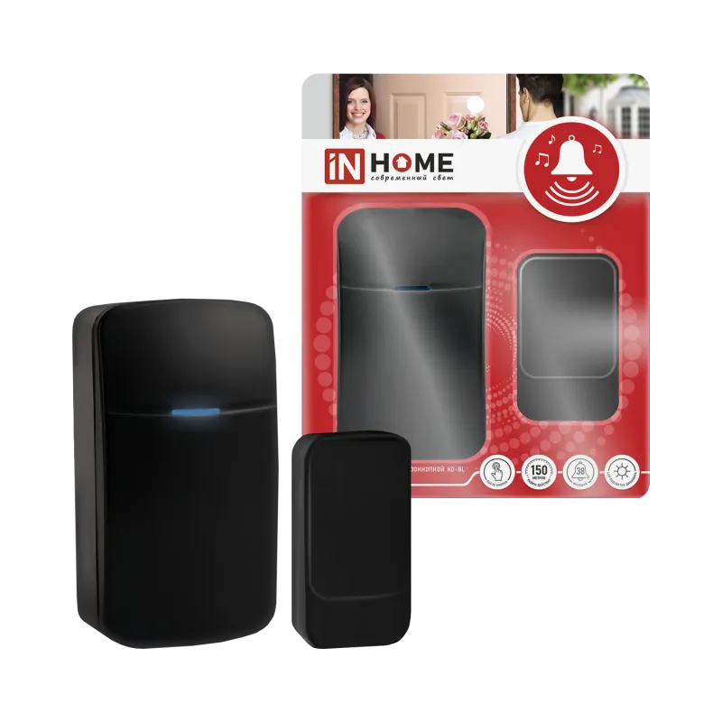 картинка Звонок беспроводной KD-BL 38 мелодий с вилкой 230В с подсветкой с пьезокнопкой 150м черный IN HOME