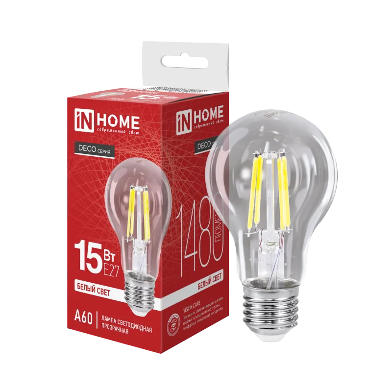 картинка Лампа светодиодная LED-A60-deco 15Вт 230В Е27 4000К 1480Лм прозрачная IN HOME