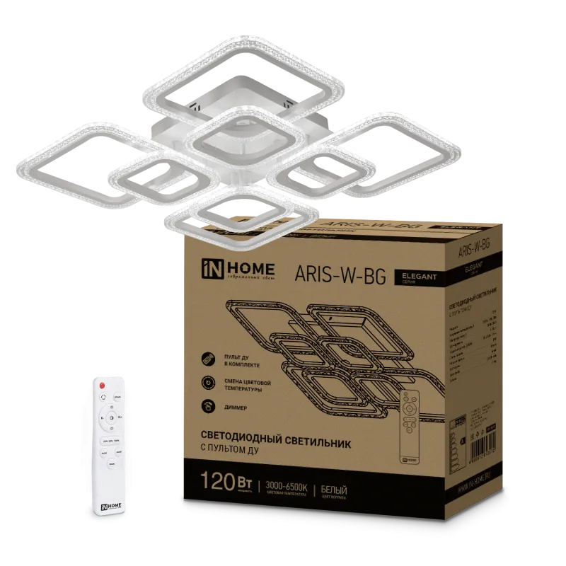 картинка Светильник светодиодный ELEGANT ARIS-W-BG 120Вт 230В 3000-6500K 8400Лм 585х585х115мм пульт ДУ белый IN HOME