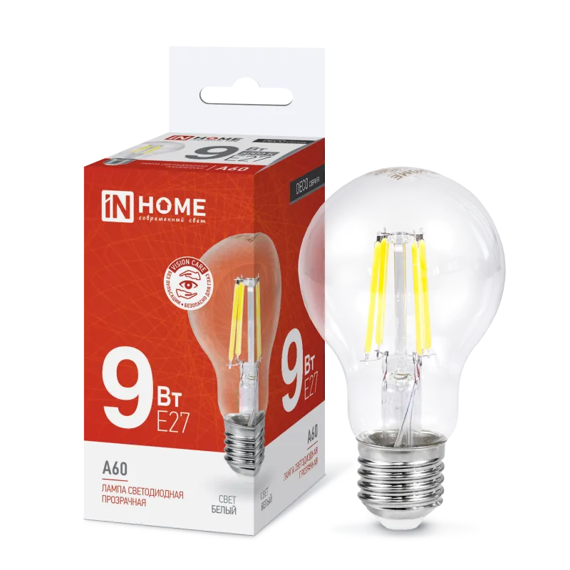 картинка Лампа светодиодная LED-A60-deco 9Вт 230В Е27 4000К 1040Лм прозрачная IN HOME