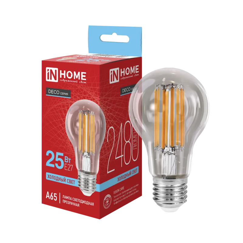 картинка Лампа светодиодная LED-A65-deco 25Вт 230В Е27 6500К 2480Лм прозрачная IN HOME
