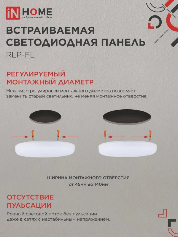 картинка Панель светодиодная встраиваемая безрамочная RLP-FL 24Вт 230В 4000К 2160Лм 170мм с регулируемым монтажом 45-140мм белая IP20 IN HOME