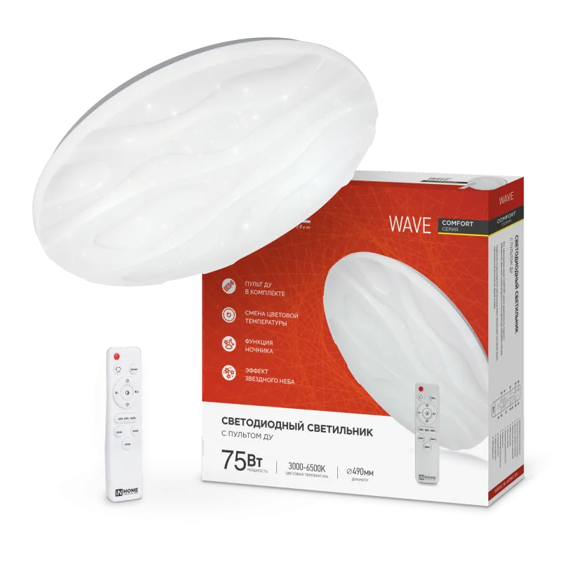 картинка Светильник светодиодный COMFORT WAVE 75Вт 230В 3000-6500K 6000Лм 490x85мм с пультом ДУ IN HOME