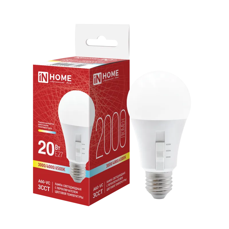 картинка Лампа светодиодная LED-A60-VC 20Вт 230В Е27 2000Лм 3ССТ 3000/4000/6500К с переключателем на лампе IN HOME