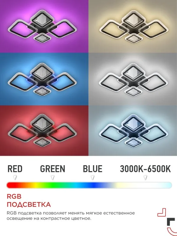 картинка Светильник светодиодный ELEGANT SPACE-120RGB-BL-BG 120Вт 230В 3000-6500K 8400Лм 530х530х125мм пульт ДУ черный IN HOME