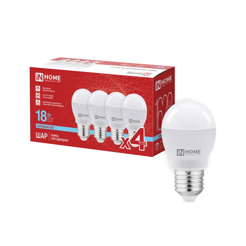 картинка Лампа светодиодная LED-ШАР-VC 4PACK 18Вт 230В Е27 6500К 1620Лм (4шт./упак) IN HOME