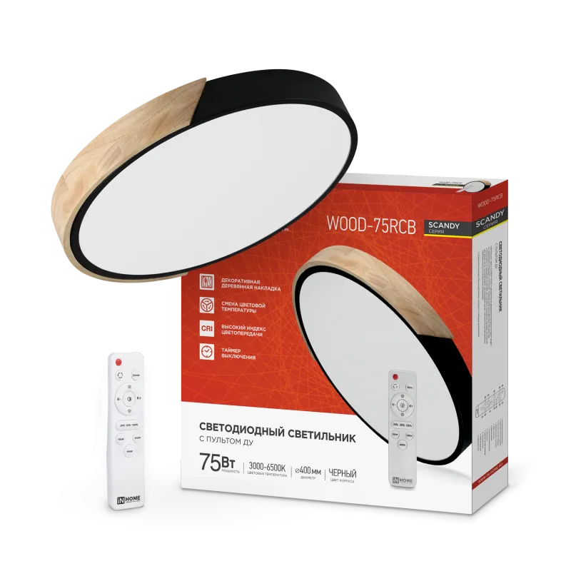 картинка Светильник светодиодный SCANDY SIMPLE-75RCB 75Вт 230В 3000-6500K 6000Лм 400x50мм с пультом ДУ черный IN HOME