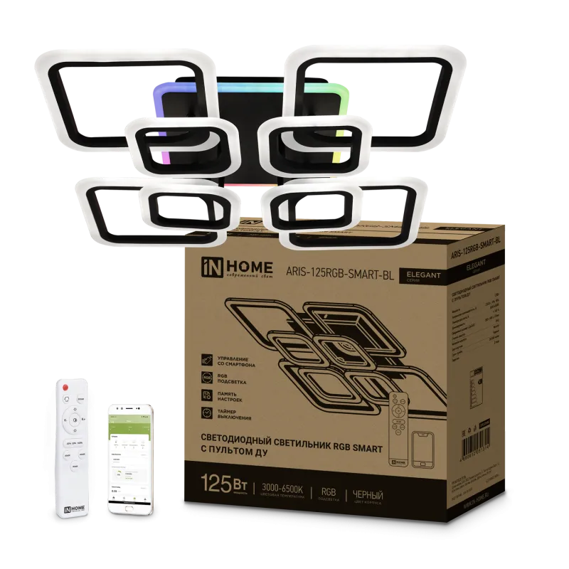картинка Светильник светодиодный ELEGANT ARIS-125RGB-SMART-BL 125Вт 230В 3000-6500K 8800Лм 585х585х115мм пульт ДУ черный IN HOME