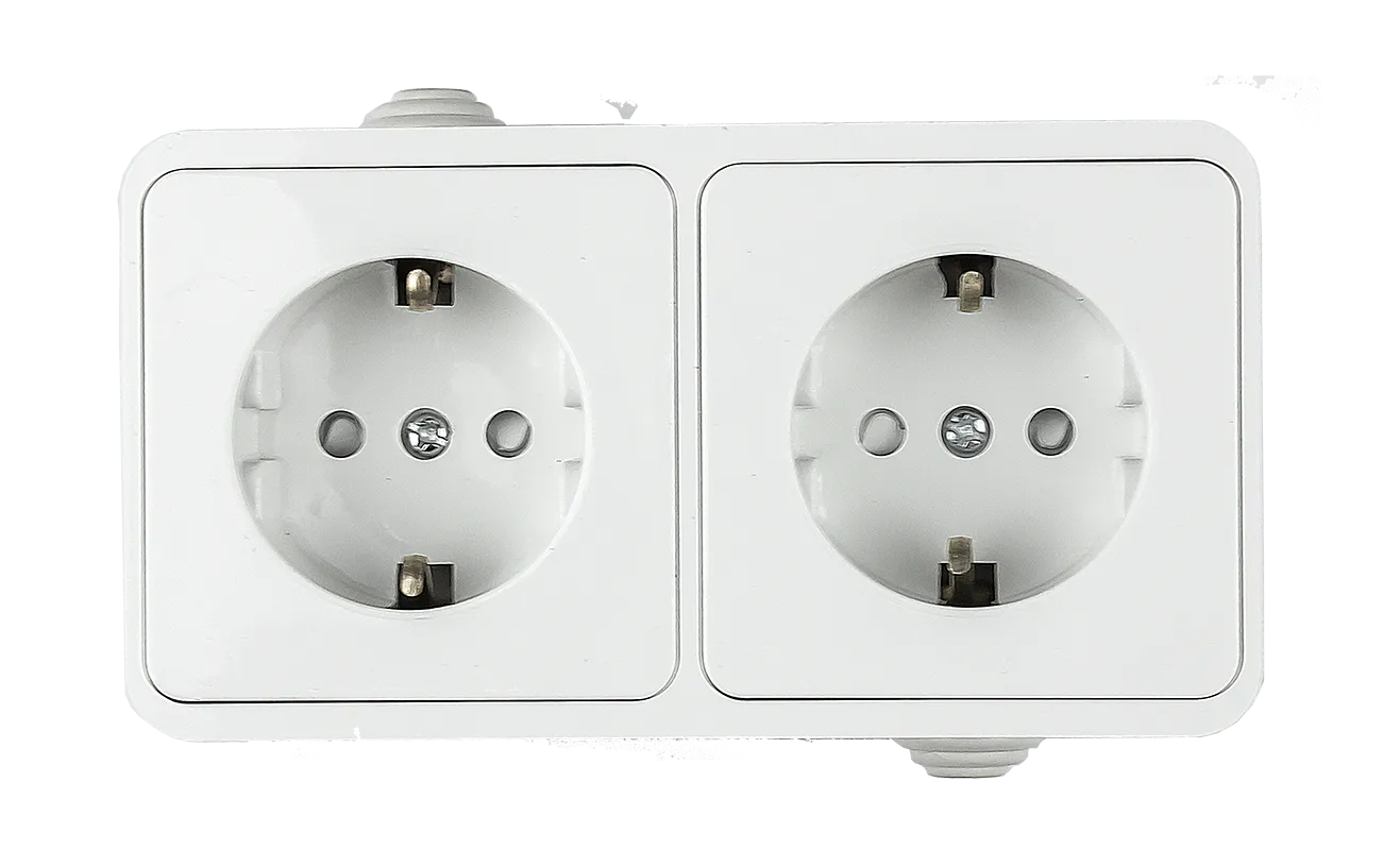 картинка Розетка двойная с заземлением со шторкой AQUA белая полугерметичная 3123 IN HOME