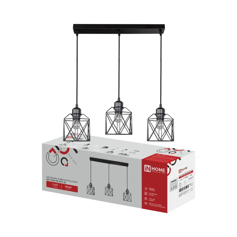 картинка Светильник подвесной под лампу LOFT ATIKO-PN-3E27L-BL 3хЕ27 подвес 1м линейная база черный IN HOME