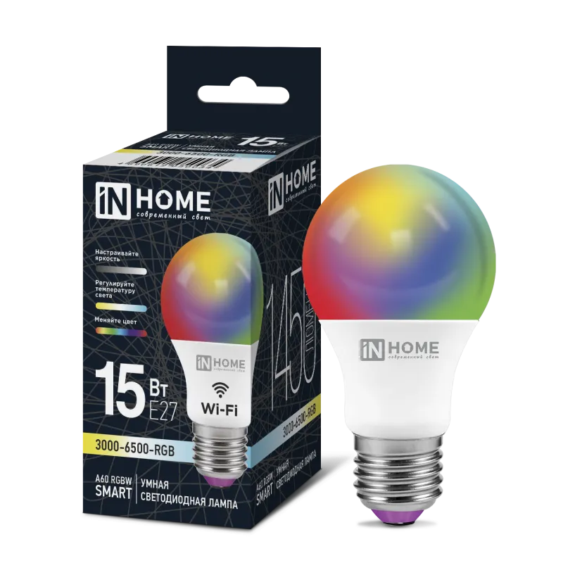картинка Лампа светодиодная LED-A60-RGBW-SMART 15Вт 230В Wi-Fi Е27 RGB-3000-6500К 1450Лм IN HOME