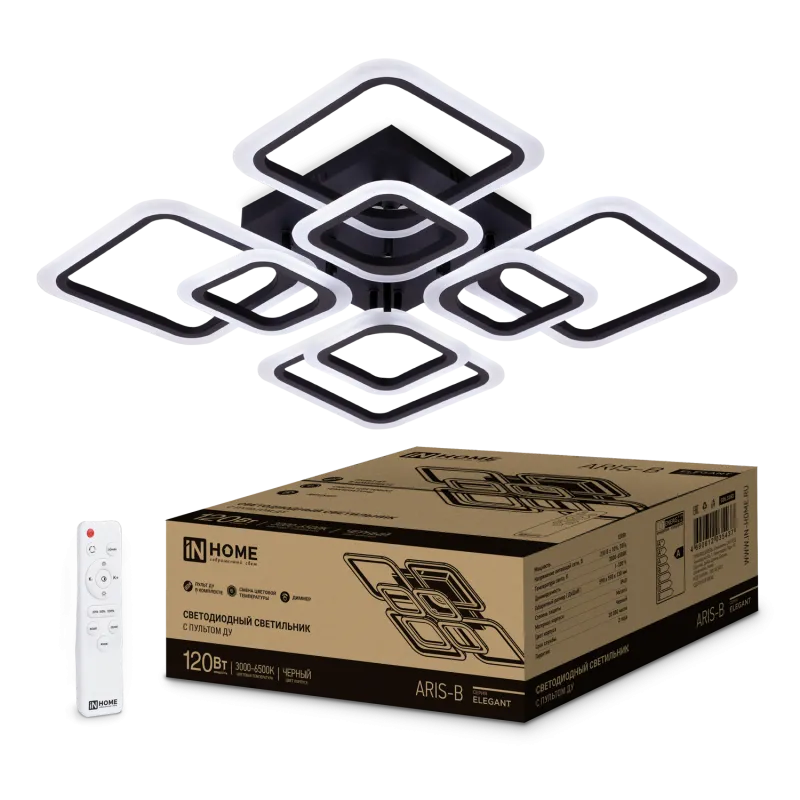 картинка Светильник светодиодный ELEGANT ARIS-B 120Вт 230В 3000-6500K 590х590х130мм c пультом ДУ черный IN HOME