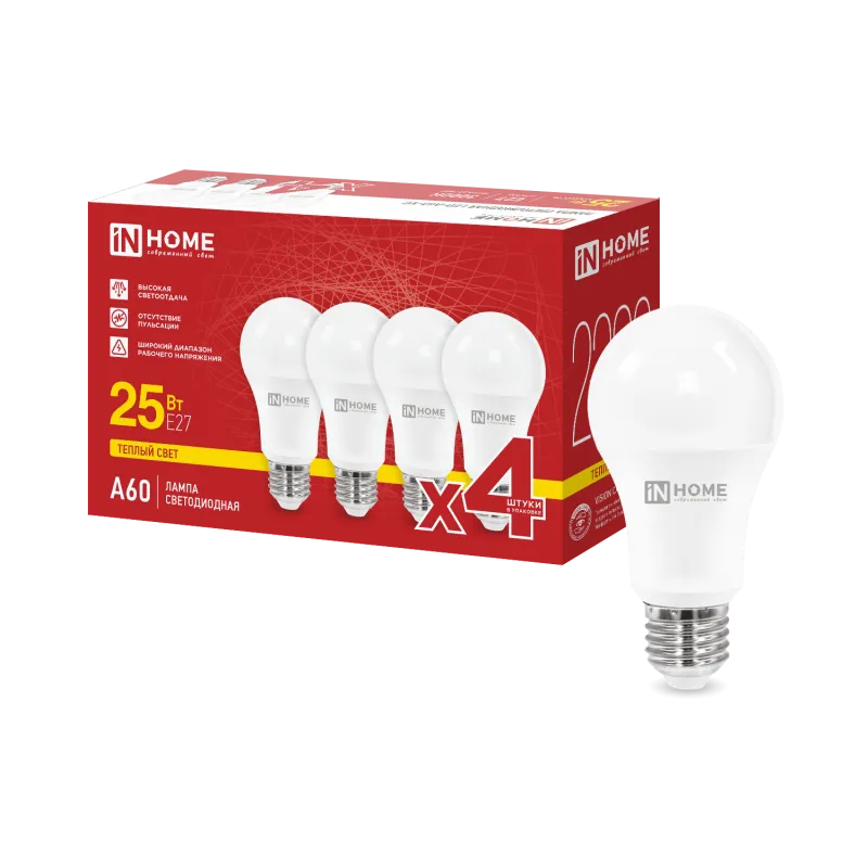 картинка Лампа светодиодная LED-A60-VC 4PACK 25Вт 230В Е27 3000К 2380Лм (4шт./упак) IN HOME