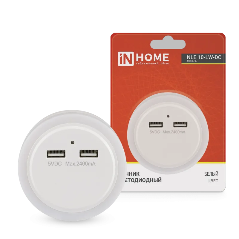 картинка Ночник светодиодный NLE 10-LW-DC белый 2хUSB разъема с датчиком освещения 230В IN HOME