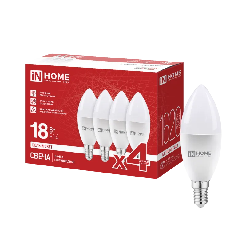 картинка Лампа светодиодная LED-СВЕЧА-VC 4PACK 18Вт 230В Е14 4000К 1620Лм (4шт./упак) IN HOME