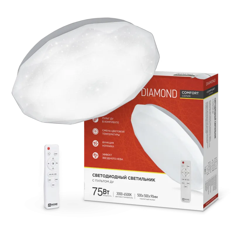 картинка Светильник светодиодный COMFORT DIAMOND 75Вт 230В 3000-6500K 6000Лм 500x105мм с пультом ДУ IN HOME