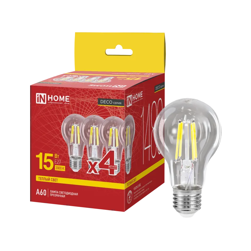 картинка Лампа светодиодная LED-A60-deco 4PACK 15Вт 230В Е27 3000К 1480Лм (4шт./упак) прозрачная IN HOME