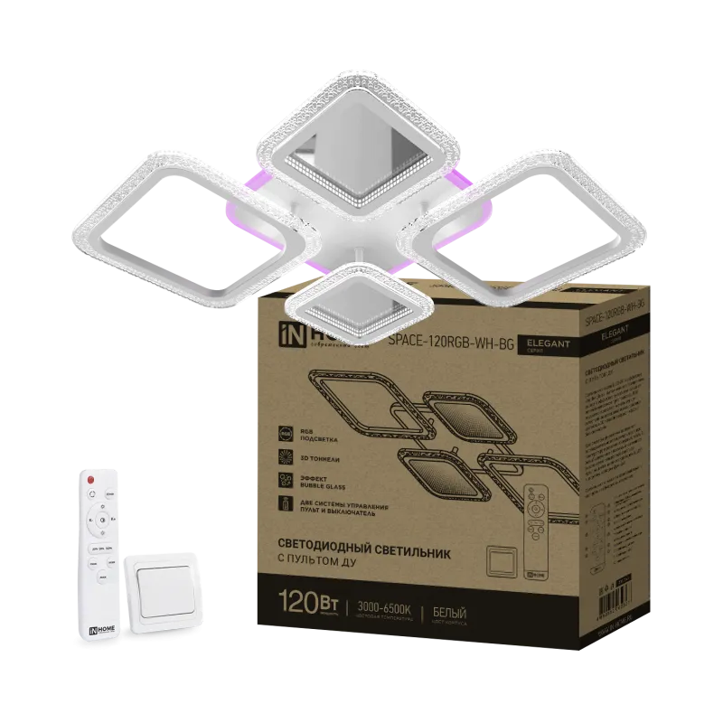 картинка Светильник светодиодный ELEGANT SPACE-120RGB-WH-BG 120Вт 230В 3000-6500K 8400Лм 530х530х125мм пульт ДУ белый IN HOME