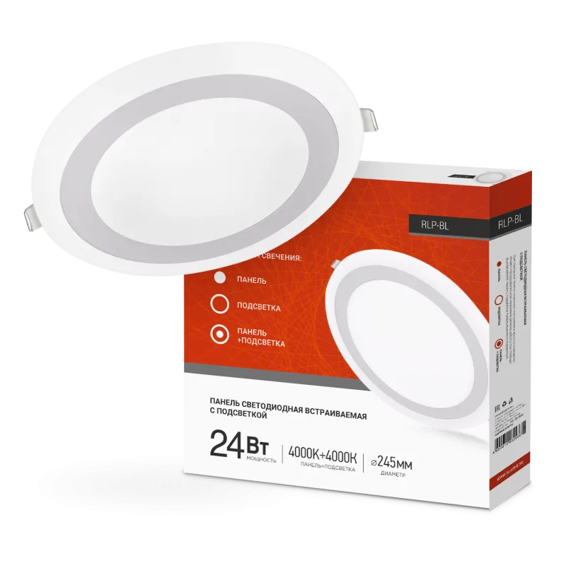 картинка Панель светодиодная встраиваемая круглая RLP-BL 24Вт 230В 4000К 1440Лм 245мм с подсветкой белая IP20 IN HOME